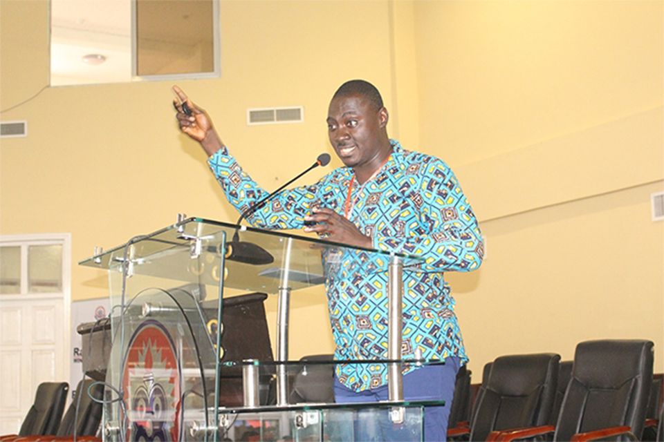 A picture of Dr. Ernest Kwasi Amponsah in his address to the freshmen