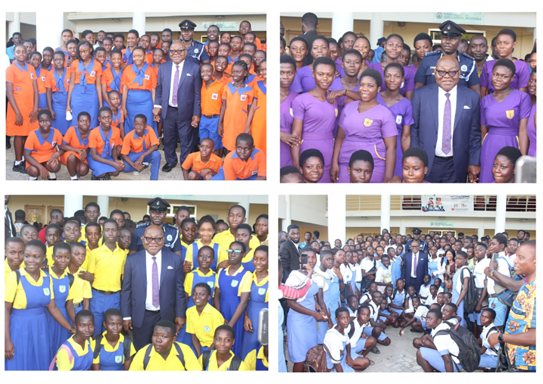 Some First and Second Cycle students in the Municipality in a pose with Rt. Hon. Prof. Michael Oquaye