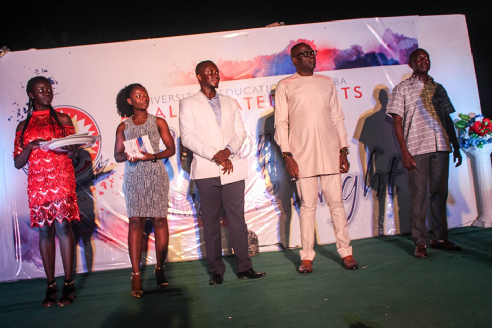 Pro-Vice-Chancellor, Prof. Andy Ofori-Birikorang (second from right), flanked by  the Finance Officer (right) Mr. Francis Obeng and the Chairman of the Amalgamated Sports Club, Dr. Kwame Kyere Diabour during the launching.