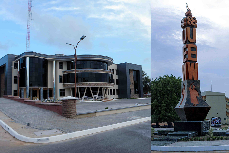Tower of Excellence (right) and the Ultramodern Students Centre with Offices, Pharmacy Shops, Restaurant, Conference Centres, Seminar Rooms, Banking Hall amongst others