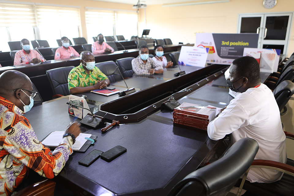 From left-right; the Pro-Vice-Chancellor, seated next to him is the Finance Officer, Mr. Francis Obeng, Coach and Head, Department  of  Applied Finance and Policy Management, Mr. Samuel Gameli Gadzo and his assistant, Ms. Celestine Esi Adzayi