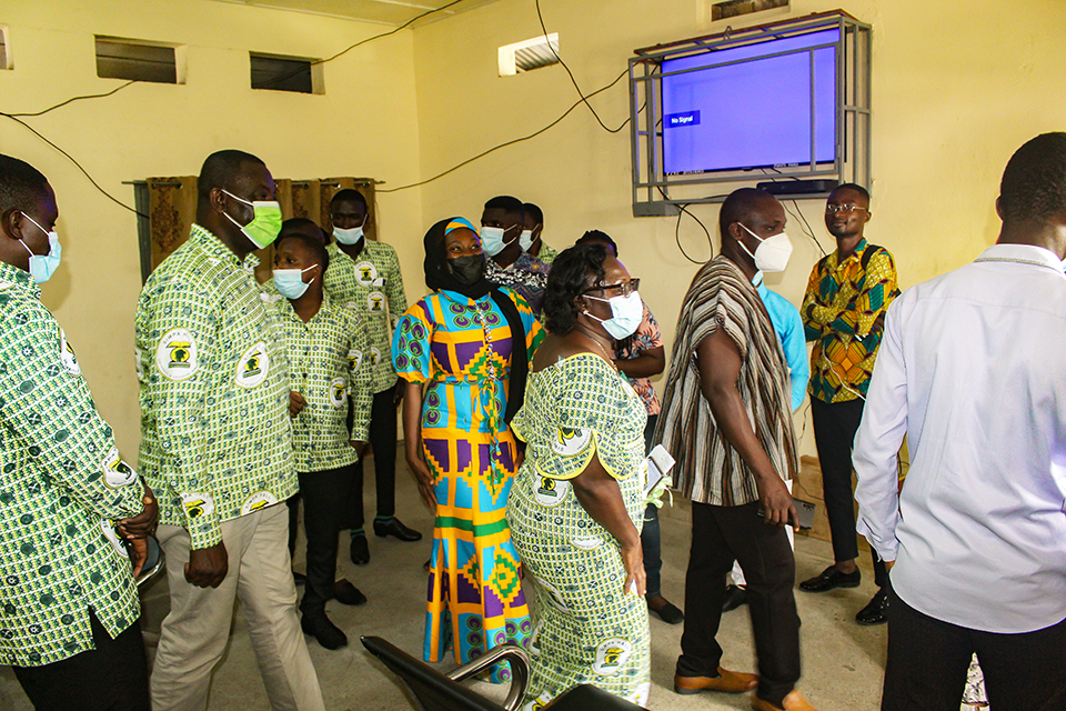 Manageress, Simpa Hall, Mrs. Irene-Michelle Ofosu-Behome being accompanied by Dr. Binghab, Prof. Imurana and executives to examine the refurbished works at the Hall.