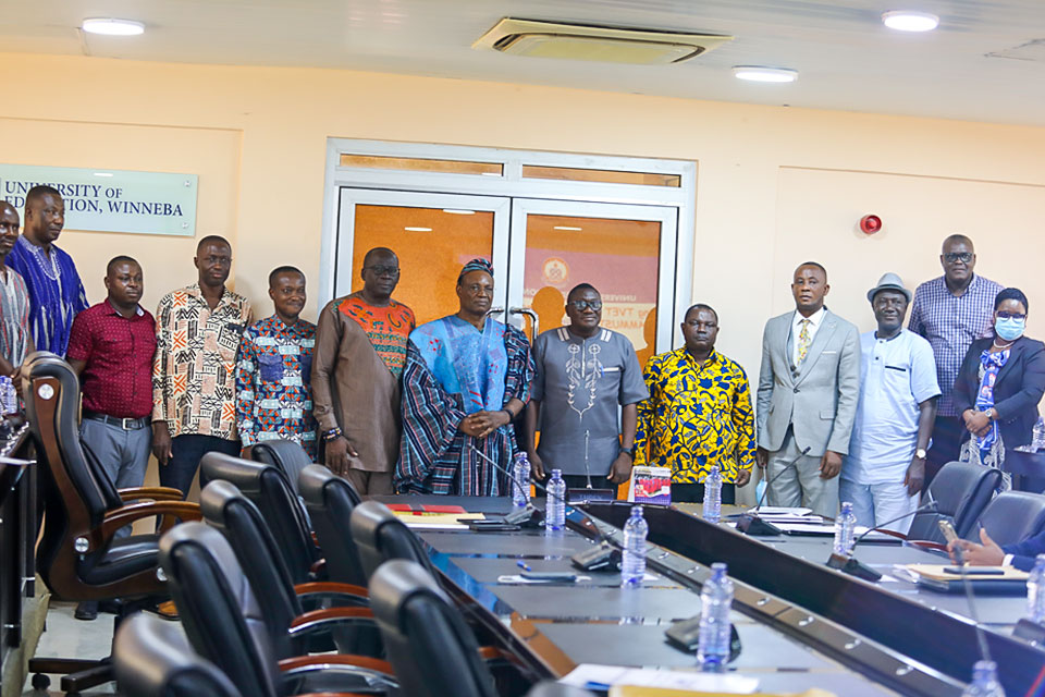 Vice-Chancellor of UEW, Prof. Mawutor Avoke, (fith from right) with a representative from Savanna Regional House of Chiefs, Mr. Sam Adam Bingowma​ (left) and representatives of the two institutions after the ceremony