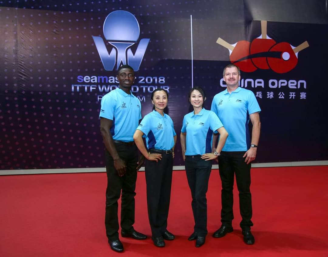 Mr. Francis Frimpong (left) with colleague Umpires at the 2018 ITTF World Tour Platinum Open, Shenzhen, China