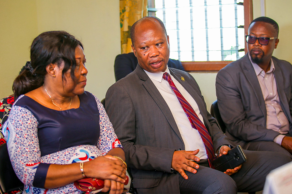 Finance Officer, Dr. Theophilus Senyo Ackorlie flanked by Deputy Registrar, Division of Operations, Dr. Mrs. Hagar Bampo Addo and Ag. Internal Auditor, Mr. Charles Cofie during deliberations with the elders of the Atekyedo community