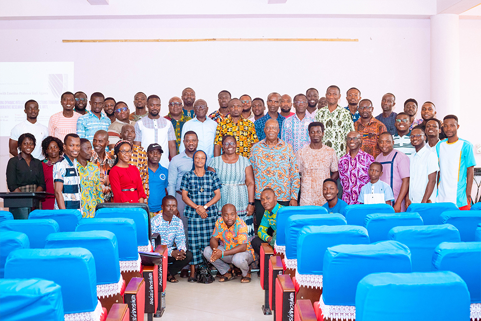 Participants in a group photograph with the main speaker, Emer. Prof. Agawu after the seminar