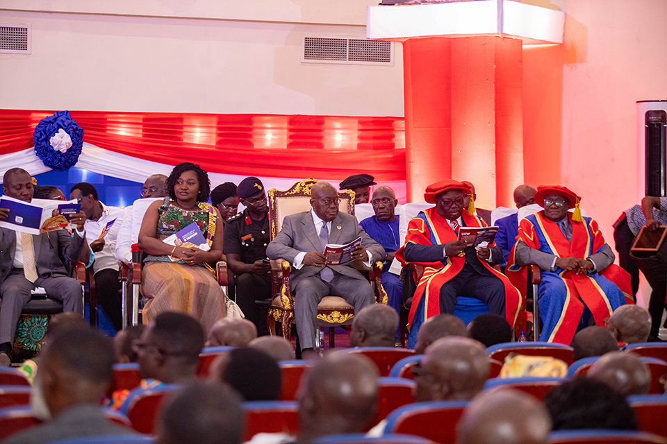 H. E. Nana Akufo-Addo (middle) is flanked by the Central Regional Minister, Hon. Justina Assan; MP of Effutu, Hon. Alex Markin; Vice-Chancellor of UEW, Prof. Mawutor Avoke; and Nana Ofori Ansah I