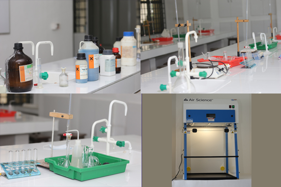 Shots of apparatus and chemicals at the lab