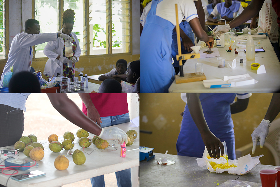 Sections of the hands-on activities the students engaged themselves in from top L-R: environmental effects of solid, gas and liquid substances, mixture separation, diaper chemistry and electricity concepts