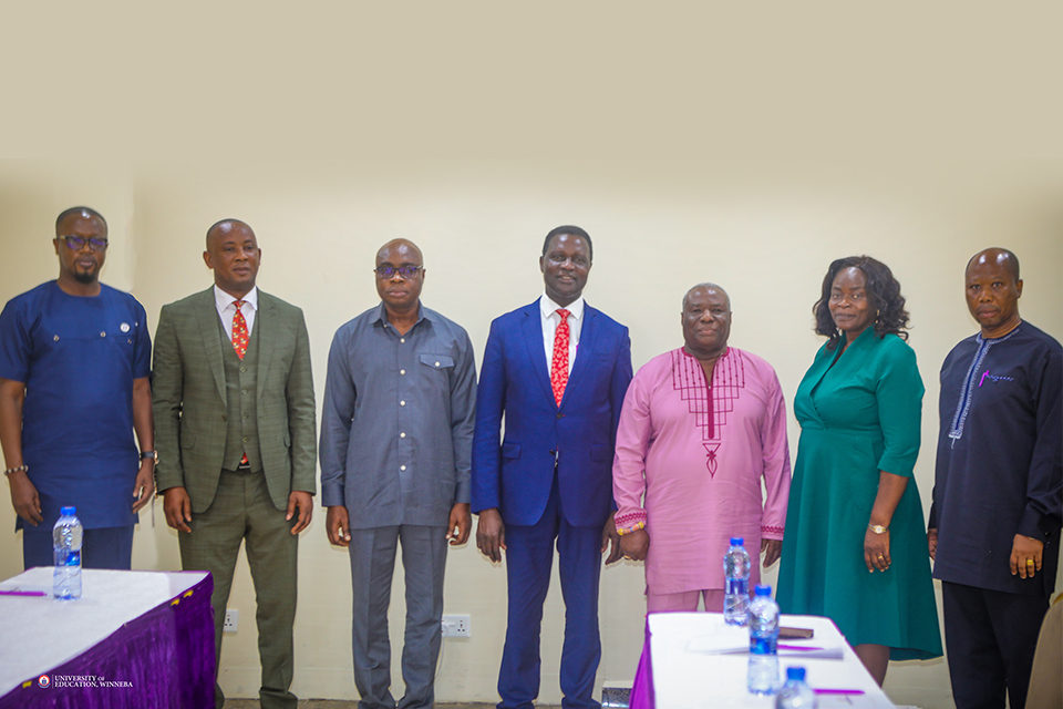 Hon. Dr. Yaw Osei Adutwum (middle), flanked on his left by Neenyi Ghartey VII, and right by Prof. Stephen Jobson Mitchual and other management members of UEW  