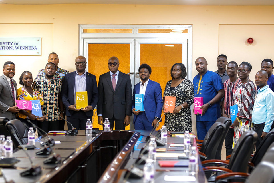 UEW faculty and staff of Dext Technology strike a pose at the Council Chamber, North Campus, Winneba 