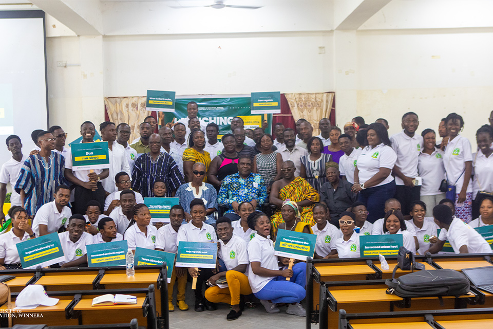 Students and dignitaries in a group picture after the launch of the initiative held at the Amphi Theatre, South Campus, Winneba 