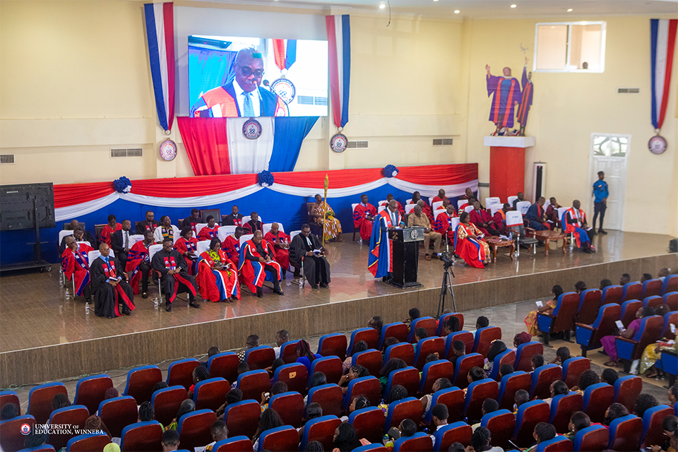 Prof. Stephen Jobson Mitchual addressing the fresh students at the Jophus Anamuah-Mensah Conference Centre 