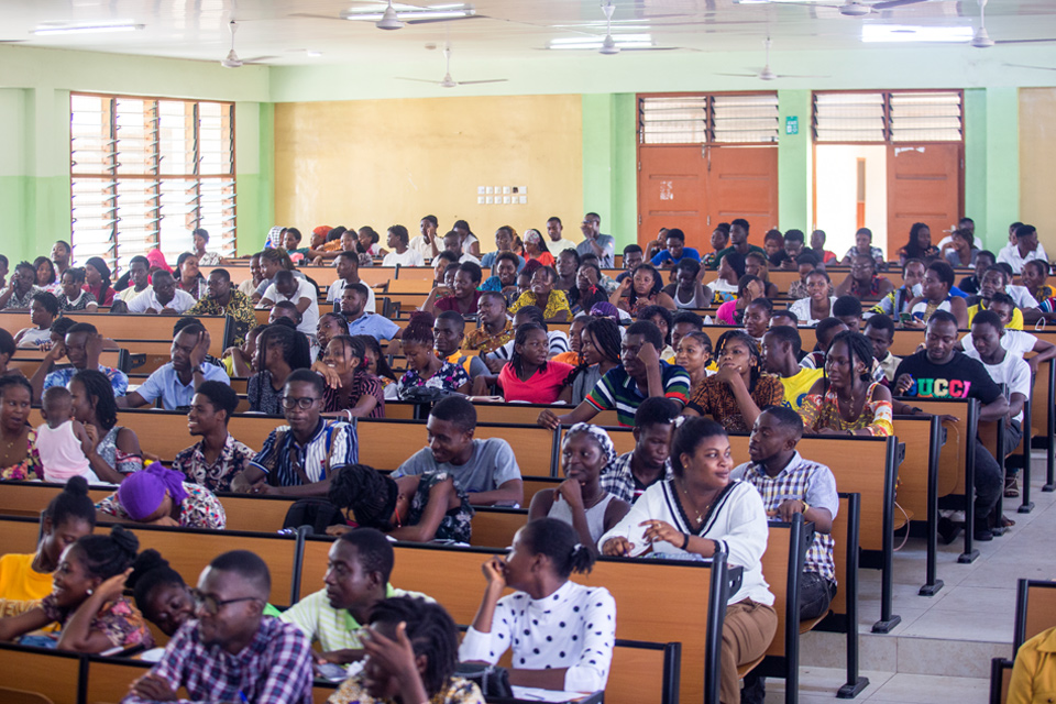 An aerial shot of students in attendance at the seminar 