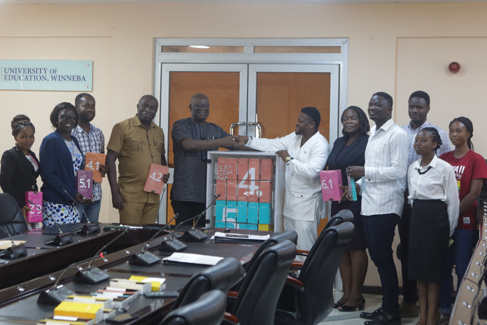 Acting Registrar, Mrs. Wilhelmina Tete-Mensah (third from right), in a pose with the donors and DBE staff 