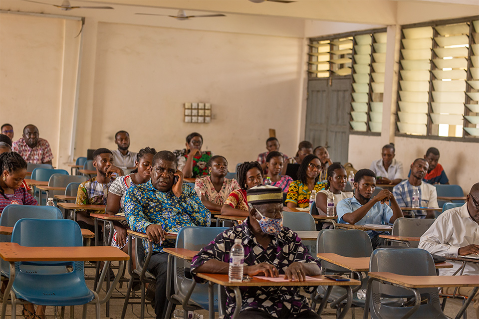 An aerial shot of attendees at Lecture Hall 2