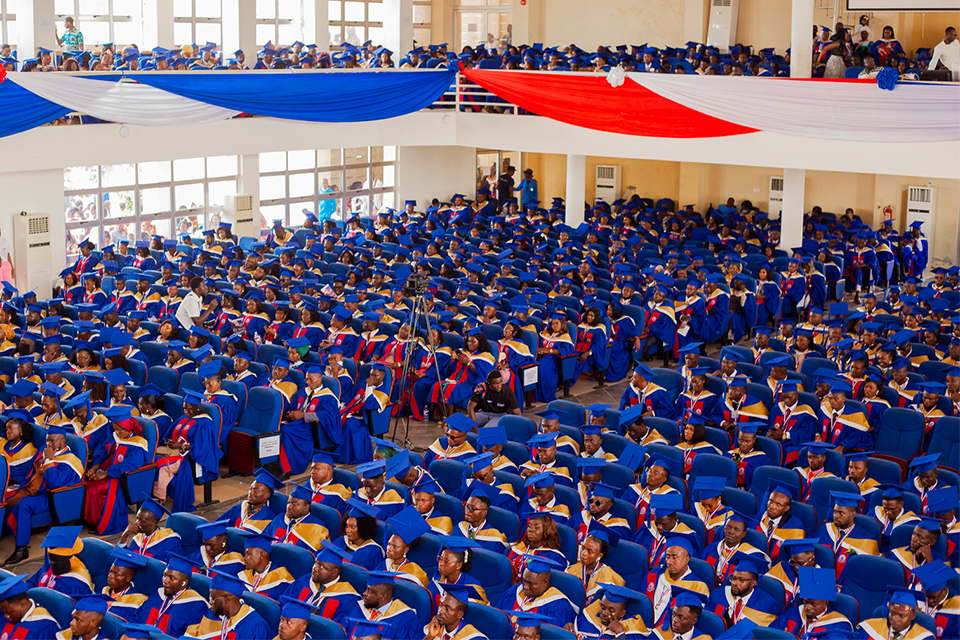 An aerial photograph of the graduating students at the Jophus Anamuah-Mensah Conference Centre