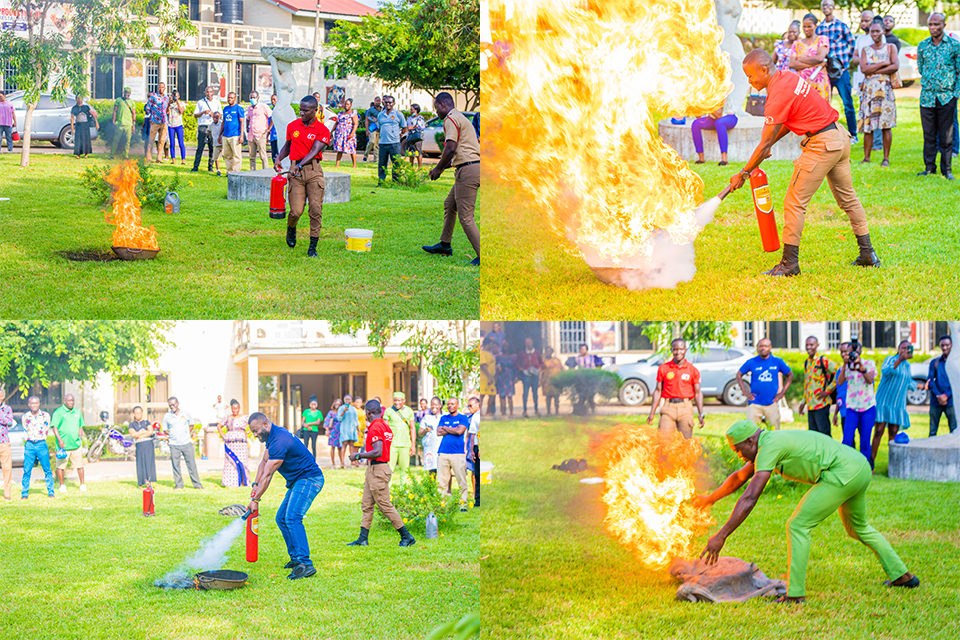 An image displaying a live demonstration of fire extinguisher use