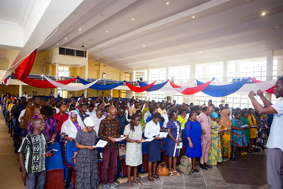 Aerial view of students reciting the matriculation oath