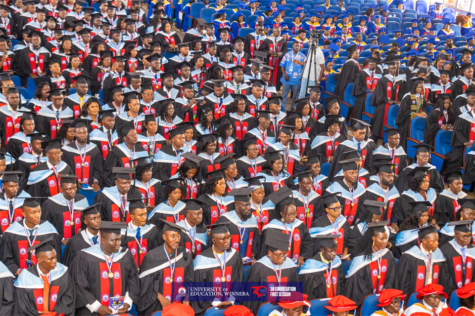 An aerial view of postgraduate students graduating