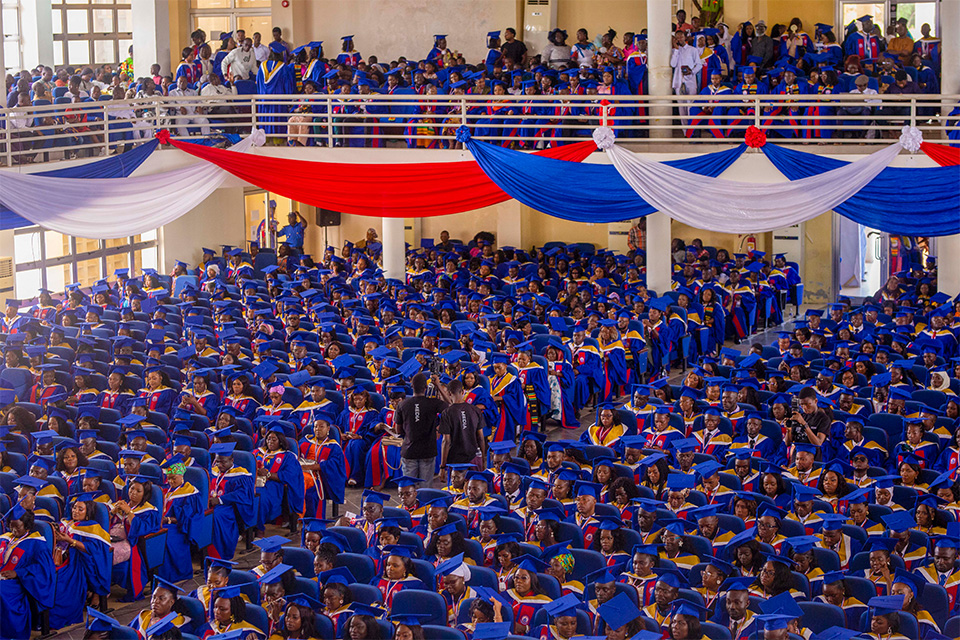 An aerial view of graduating students 