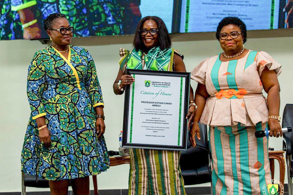 Prof. Esther Danso-Wiredu (middle) was presented with a citation by Prof. Lydia Aziato (right) and Dr. Ophelia Anarfi
