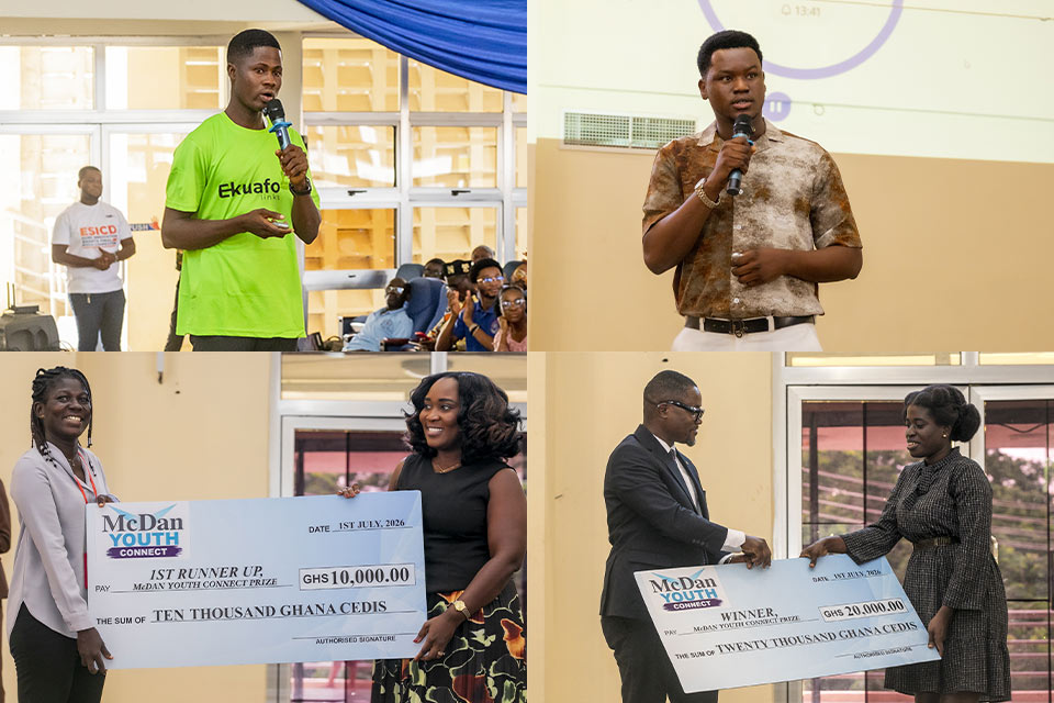 An image showcasing students pitching their entrepreneurial ideas, along with the first- and second-place award recipients. 